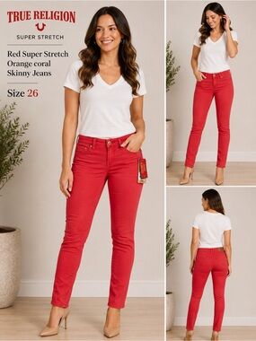 True Religion Red Super Stretch Orange coral Skinny Jeans - Size 26